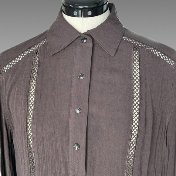 NWT CRUEL DENIM Crinkle Gauze Snap Shirt Crochet Western Prairie Romance Brown S - Picture 3 of 13